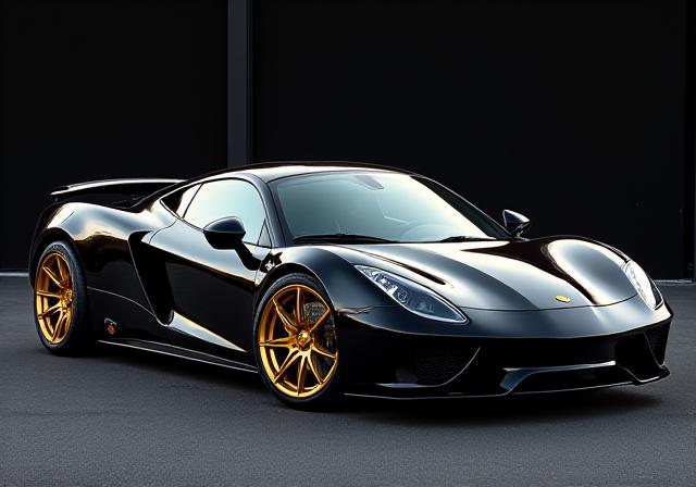 Auto sportiva nera modificata con cerchi dorati
